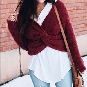 Fuzzy Brown Deep V-neck Sweater